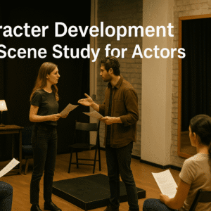 Actors practising character development and scene study techniques on stage with instructor guidance.