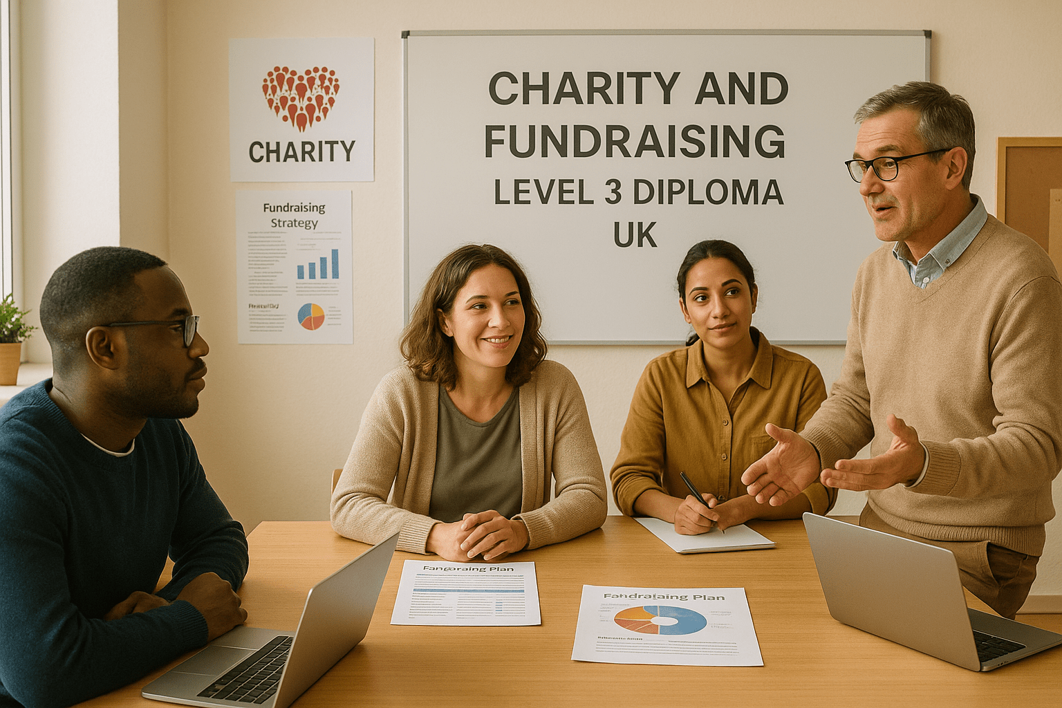 Students learning charity and fundraising strategies in a UK classroom setting.