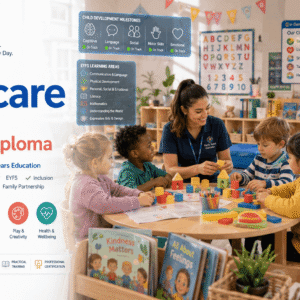 Childcare professional supporting children's learning and development during Childcare Diploma training in a modern nursery.