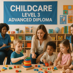 childcare students learning early years development and safeguarding in a modern classroom
