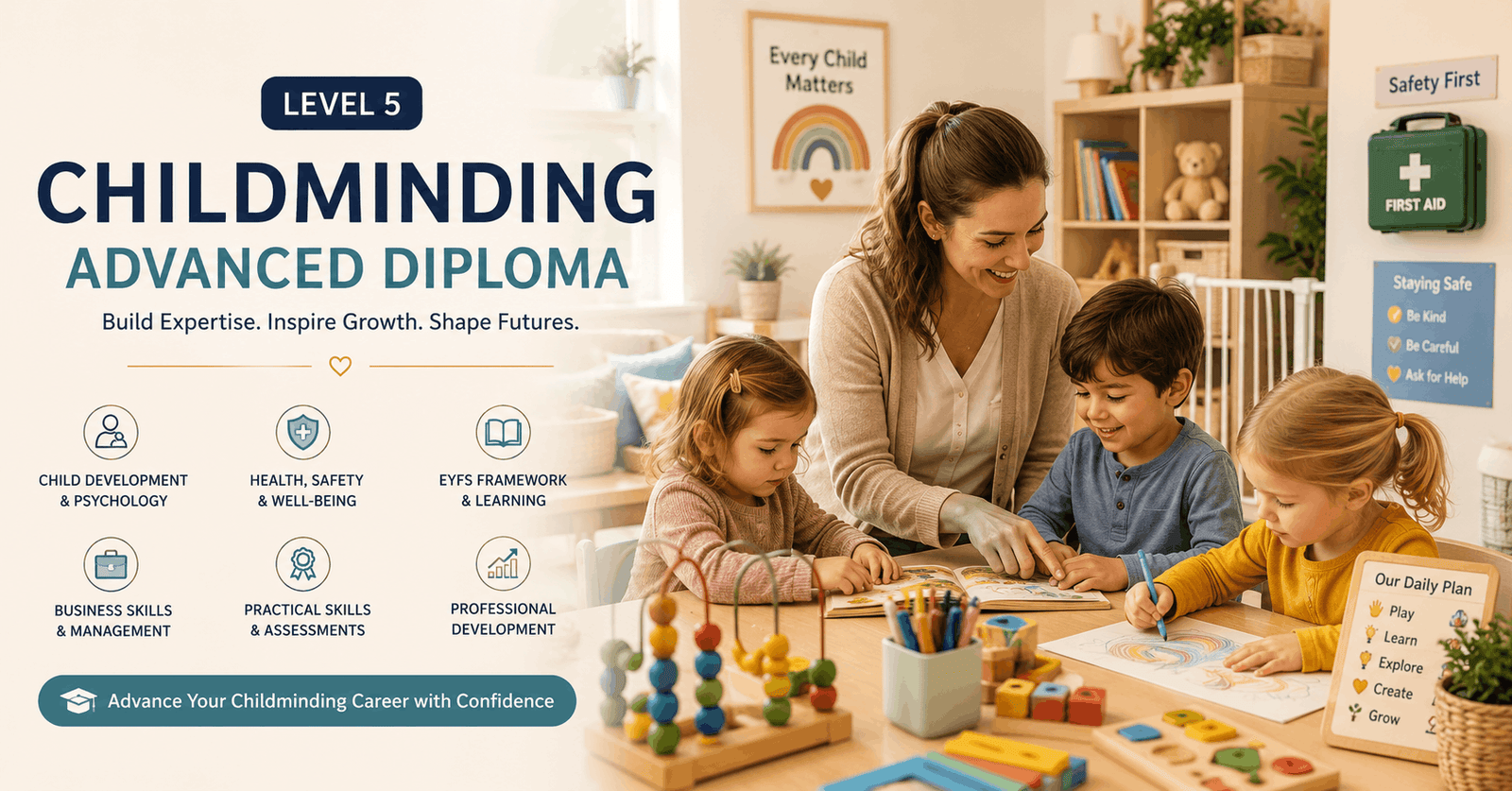 Professional childminder engaging children in educational activities for Childminding Advanced Diploma training
