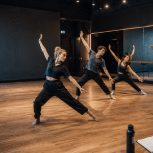 Professional dance instructor leading performers in a choreography course rehearsal studio
