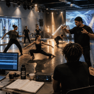 Choreography Diploma students rehearsing contemporary dance performance in a professional studio environment