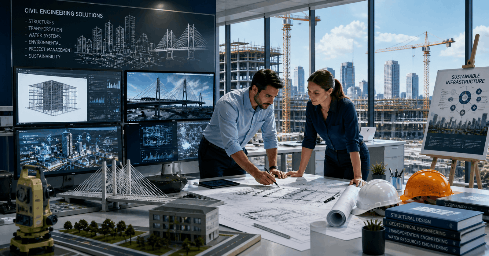 Professional engineers reviewing construction plans in a Civil Engineering Diploma training environment