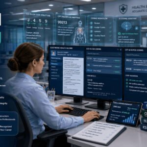 Clinical coding specialist using electronic health records and ICD-10 systems during Clinical Coding Diploma training.