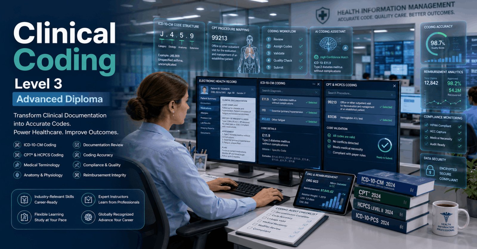 Clinical coding specialist using electronic health records and ICD-10 systems during Clinical Coding Diploma training.