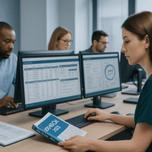 Clinical Coding Diploma students analysing patient data, healthcare codes, and digital medical records in a modern learning lab.