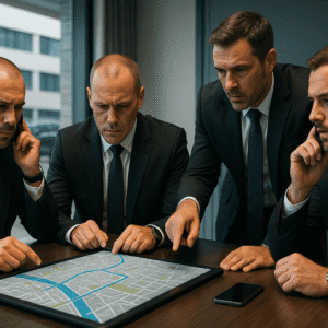 close protection training with operatives planning a security route in a professional setting