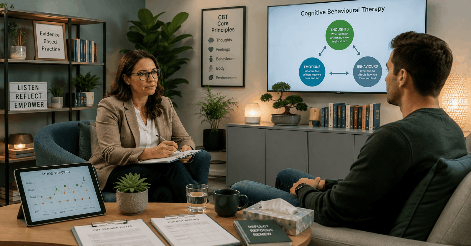 Therapist conducting Cognitive Behavioural Therapy session in a modern counselling environment