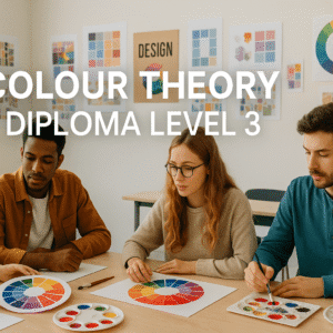 Colour Theory Diploma Level 3 students mixing paints and analysing colour wheel in bright art studio.