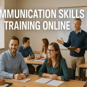 Adult learners in a UK classroom improving communication skills through interactive training.