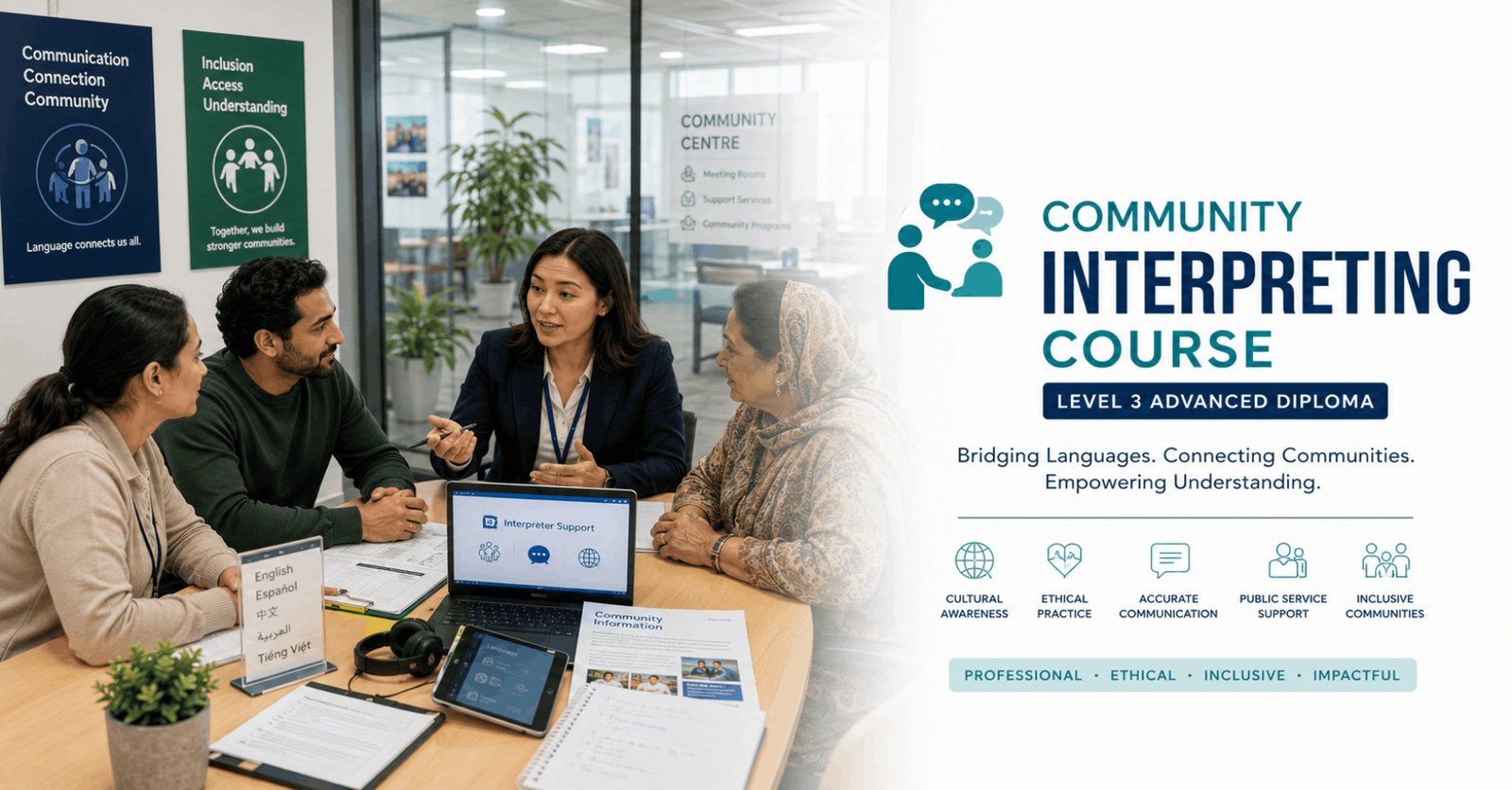 Community Interpreting Course featuring a professional interpreter assisting people from diverse cultural backgrounds.