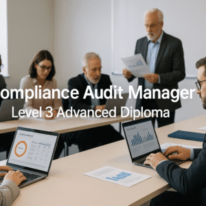 Adult learners studying compliance audit management and risk control in a UK training classroom.