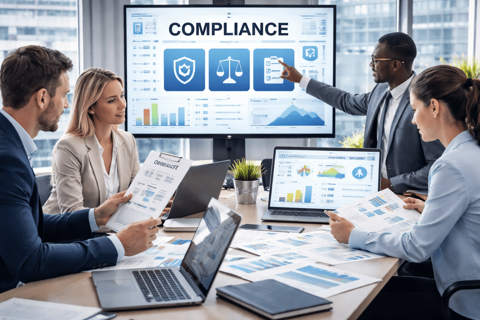 Professional learners studying compliance training with regulatory documents, risk charts and digital compliance dashboards in a modern office.