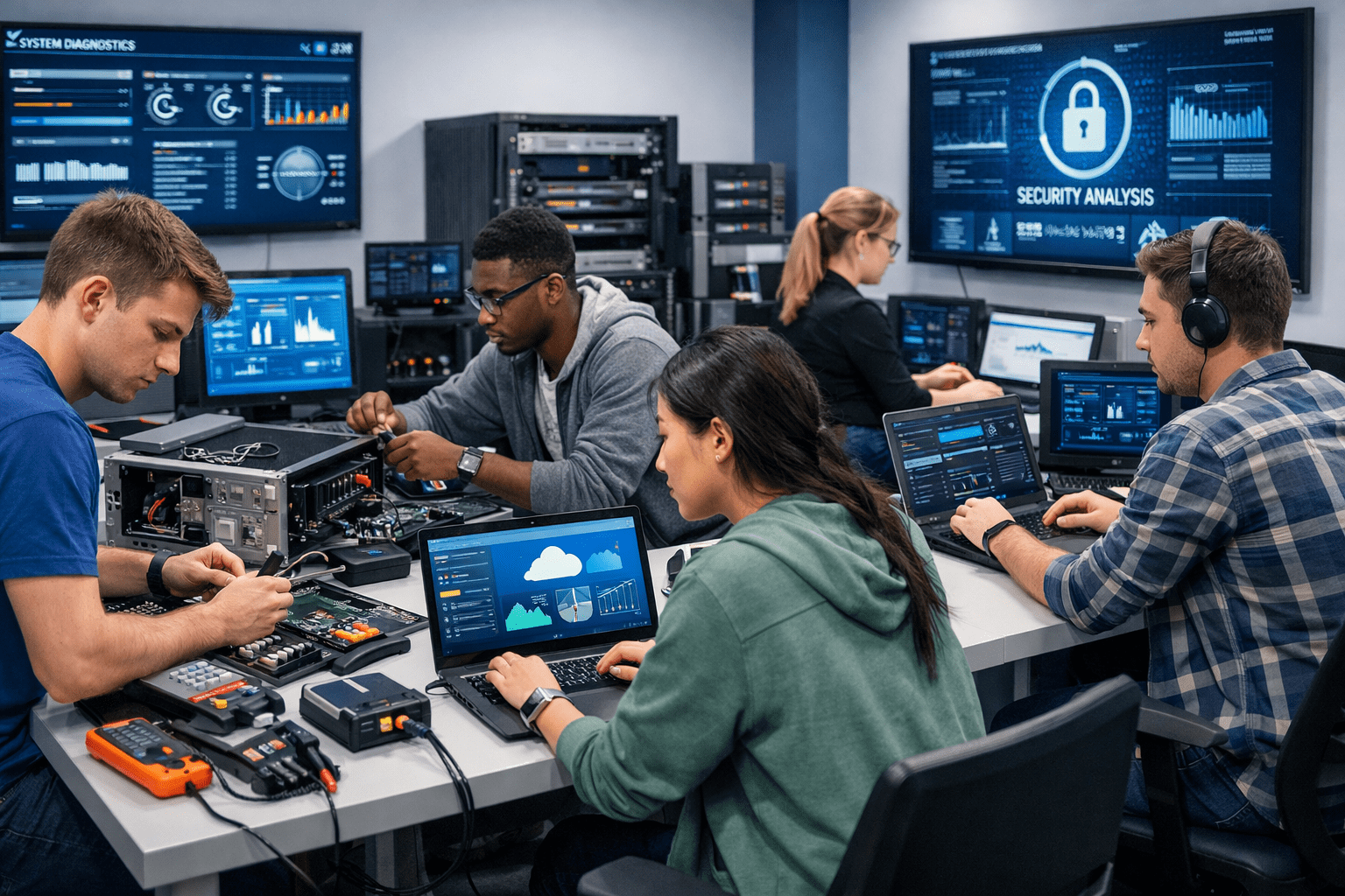 Student performing advanced repairs in a computer maintenance course with professional diagnostic equipment