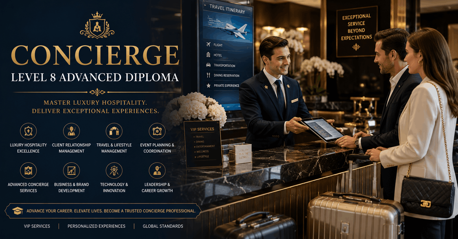 Luxury concierge professional assisting premium clients in Concierge Advanced Diploma training course