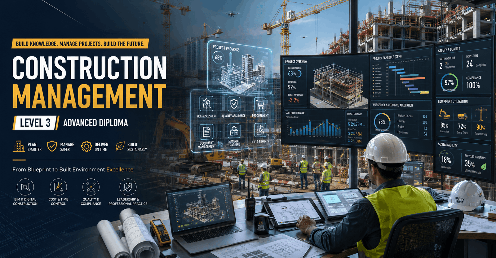 Construction manager leading Construction Management Diploma project with BIM models, schedules and site planning dashboards.