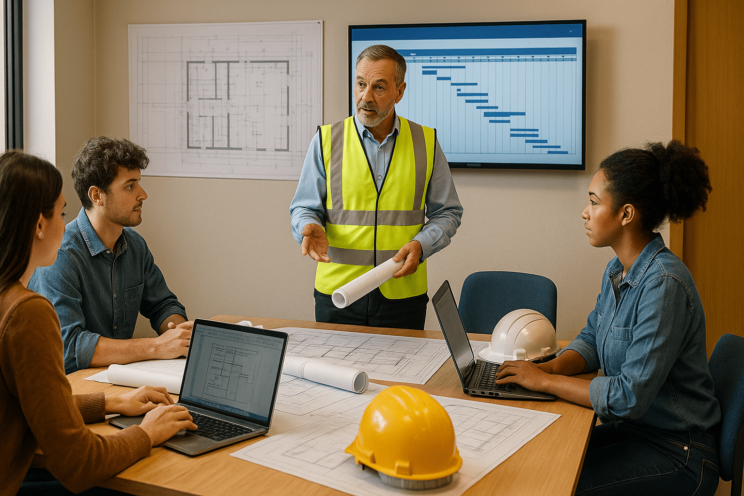 students learning construction management and project planning in class