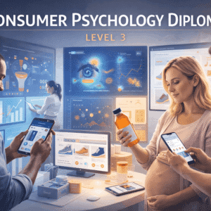 Consumer Psychology Diploma Level 3 showing customers analysing products, data charts and marketing messages