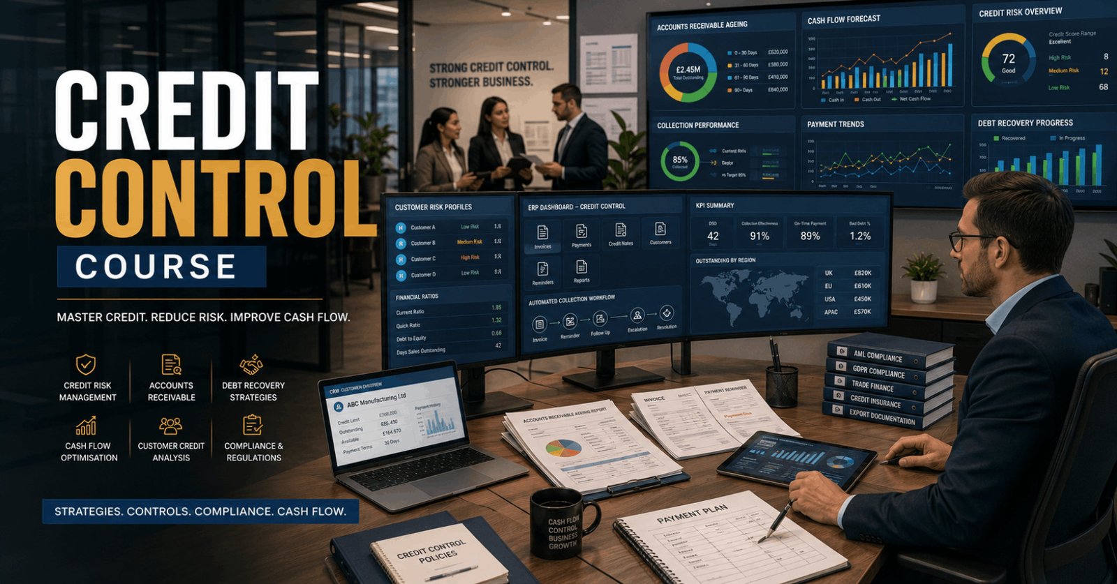 Finance professional managing accounts receivable and credit risk during a Credit Control Course using digital dashboards.