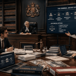Legal professionals discussing case files in Criminal Law Diploma courtroom training environment