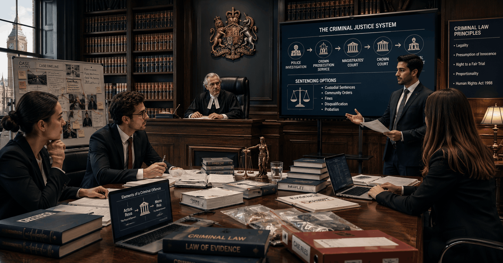 Legal professionals discussing case files in Criminal Law Diploma courtroom training environment