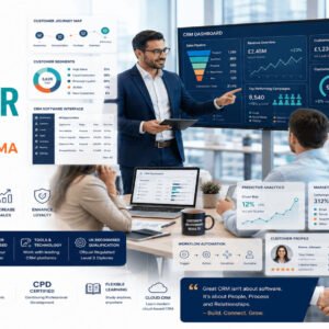 Professional CRM Management Diploma course featuring customer relationship management dashboards, analytics, and business strategy.