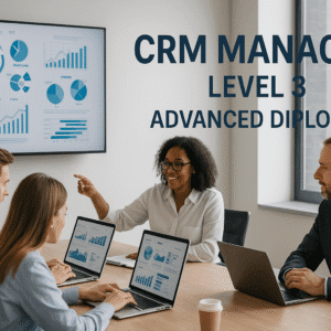 CRM Manager Diploma Level 3 students analysing customer data dashboards and collaborating on CRM strategy.