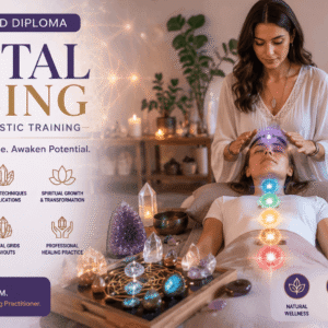 Holistic wellness session for Crystal Healing Diploma with crystals and chakra meditation setup