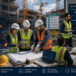 Construction safety professionals managing site compliance in a CSCS Diploma training environment