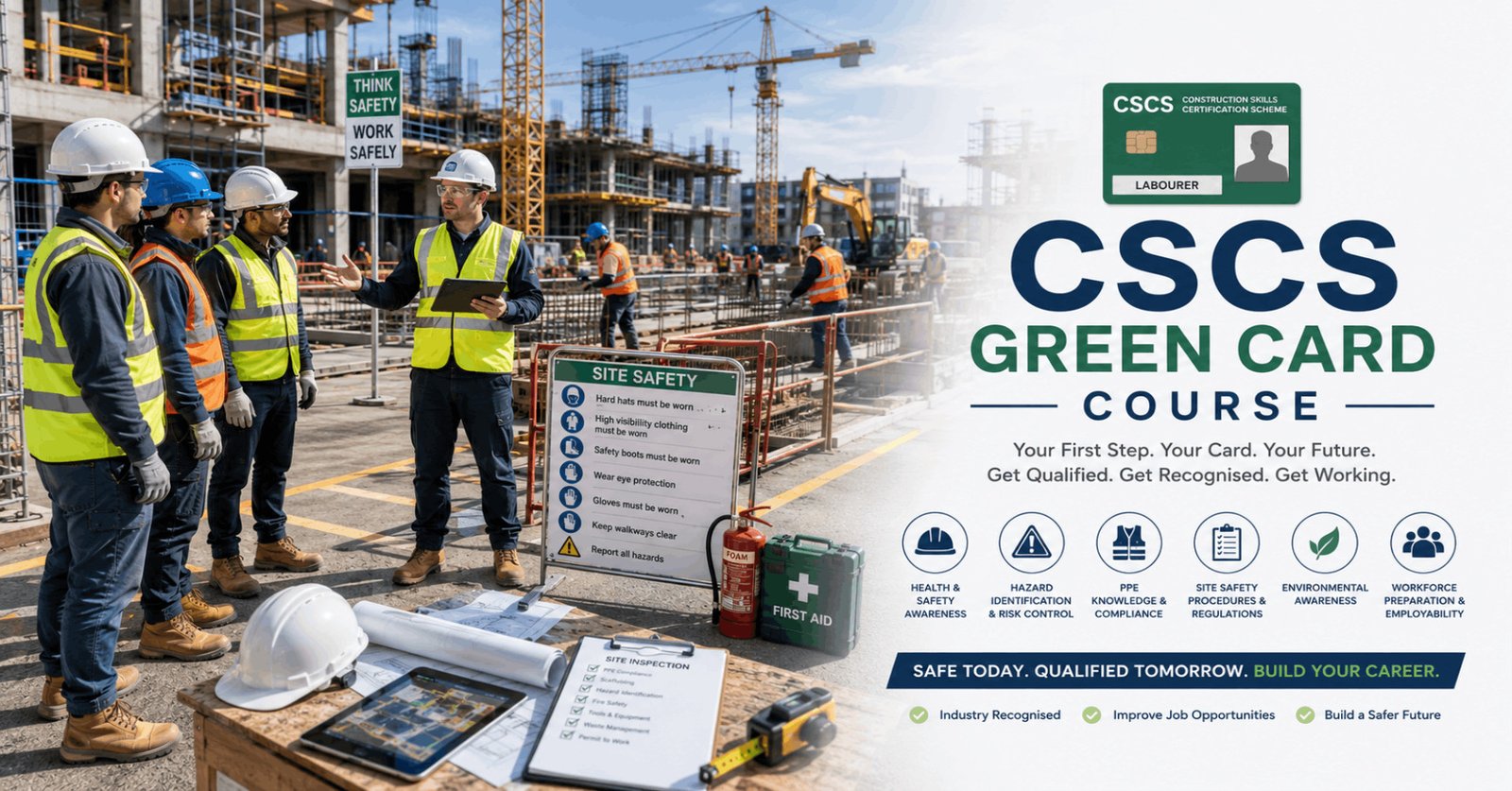 CSCS Green Card Course featuring construction workers following health and safety procedures on a modern building site.