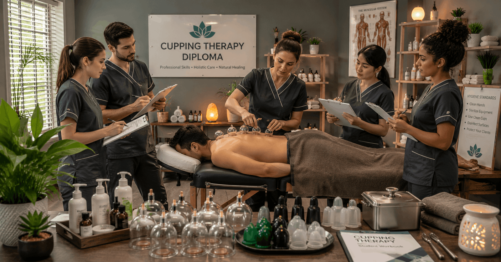 Professional cupping therapy diploma training session in a modern holistic wellness clinic