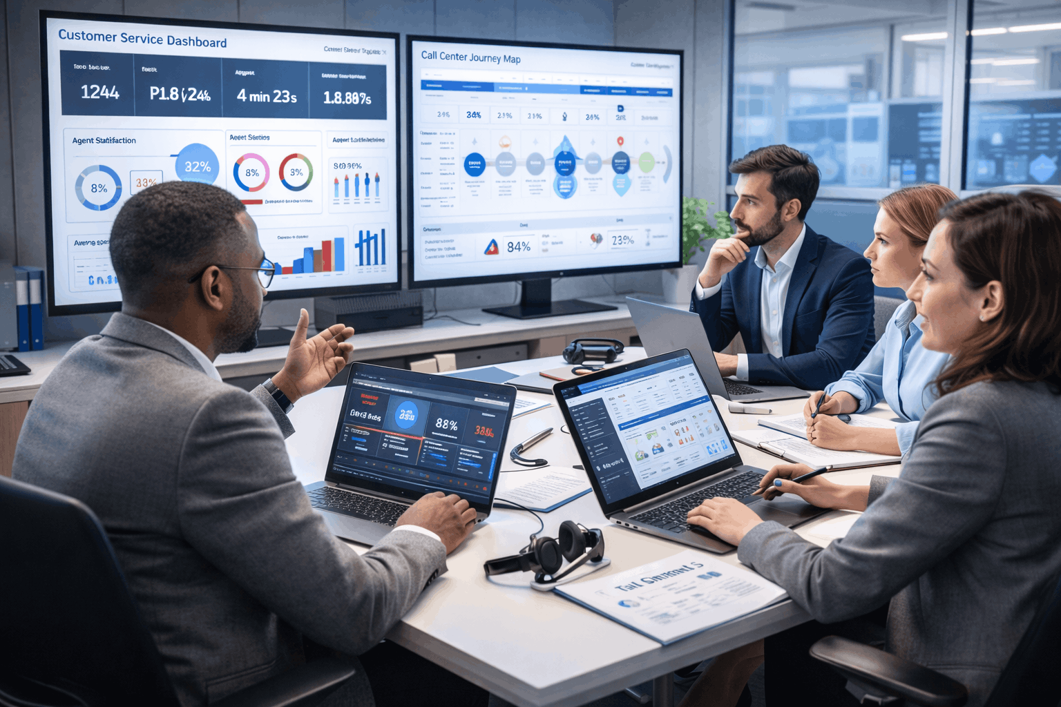 Customer Service Management Diploma training showing managers analysing customer data, KPIs and service team performance