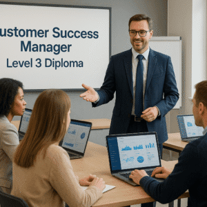 Students learning Customer Success Manager skills in a modern training room with CRM tools on screens.