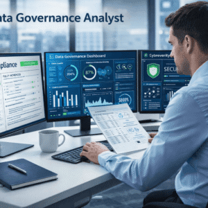 Data Governance Analyst reviewing data compliance dashboards and governance systems in a modern office