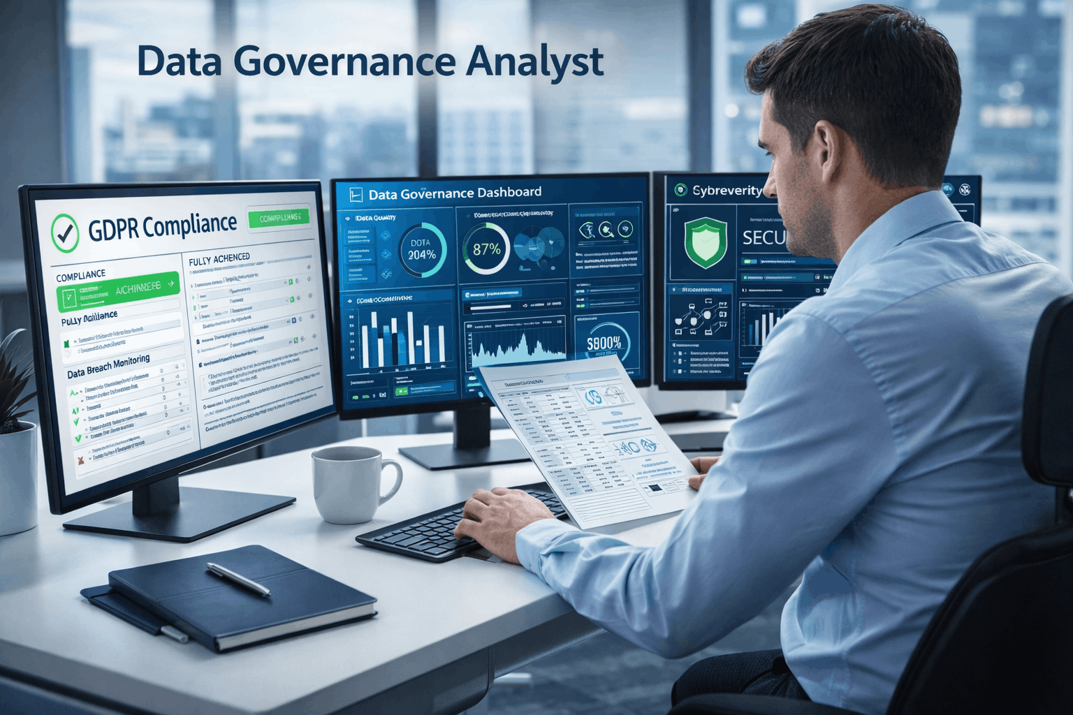 Data Governance Analyst reviewing data compliance dashboards and governance systems in a modern office