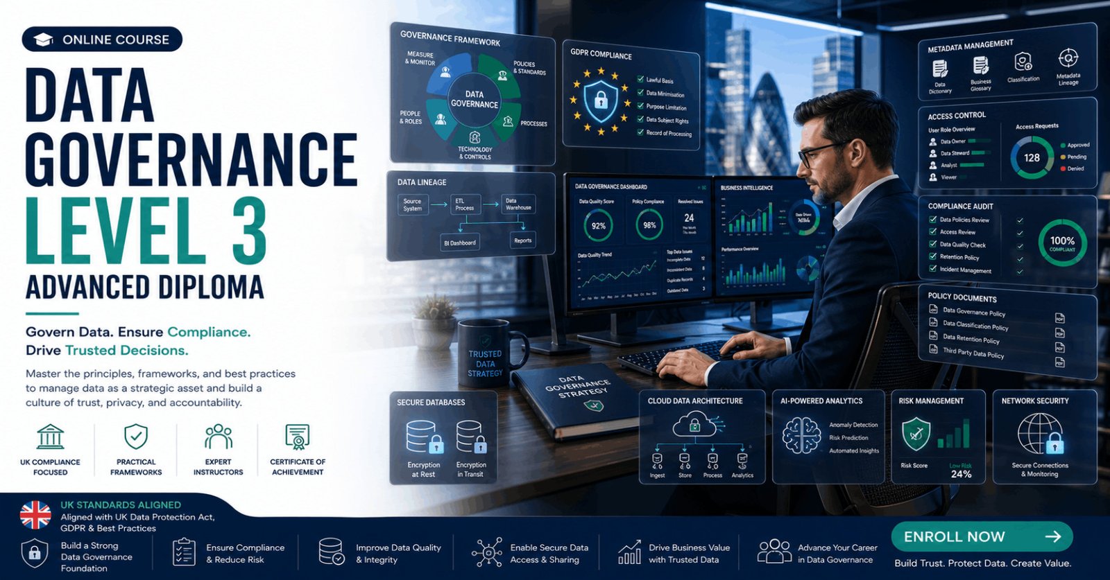 Professional Data Governance Diploma course featuring data security, GDPR compliance, governance frameworks, and data management.