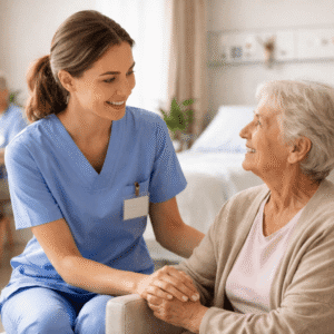 Healthcare professional providing compassionate support to an elderly patient in a dementia care diploma training environment