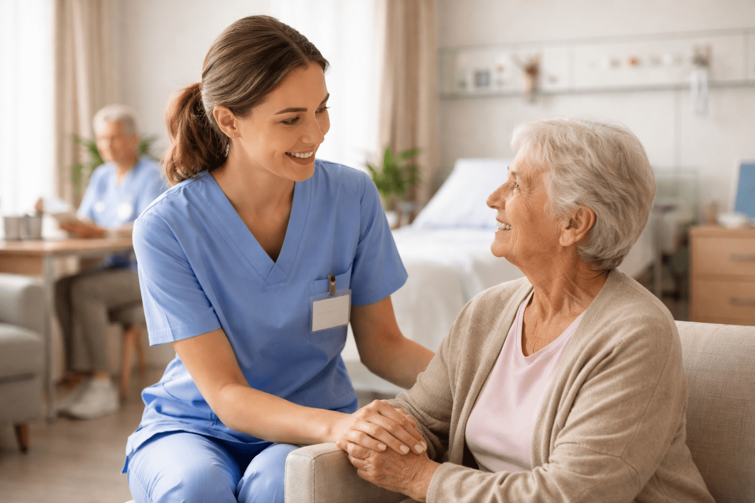 Healthcare professional providing compassionate support to an elderly patient in a dementia care diploma training environment