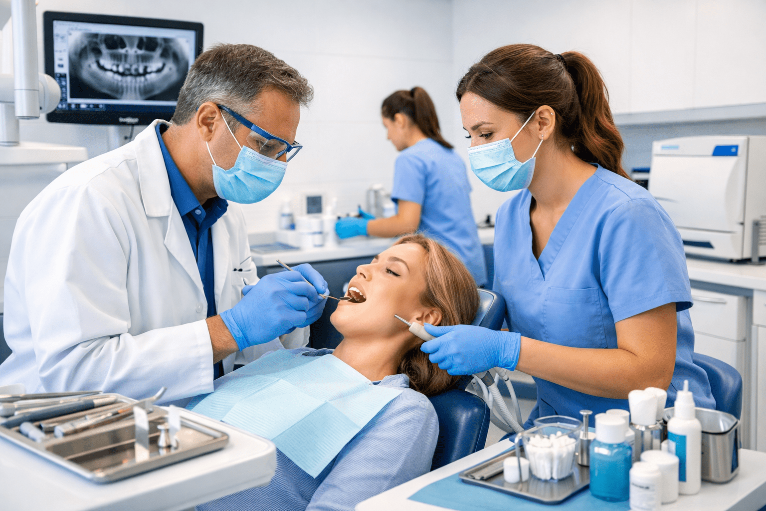 Student training in a modern dental clinic for a Dental Assistant Diploma Level 3 with dentist and patient