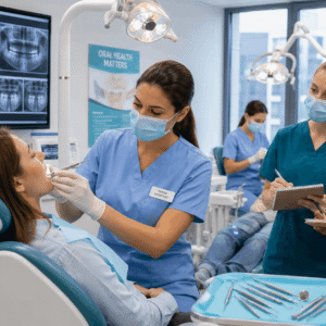 Professional dental hygienist diploma training session in a modern dental clinic with patient care activities