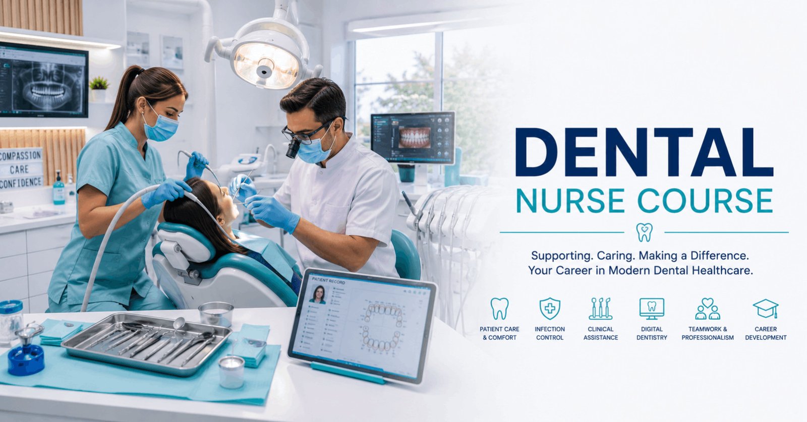 Dental Nurse Course featuring a professional dental nurse assisting a dentist in a modern dental clinic.