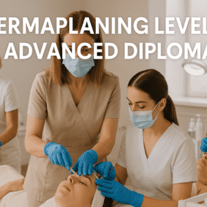 Dermaplaning Advanced Diploma Level 3 students practising facial exfoliation techniques in a UK beauty classroom