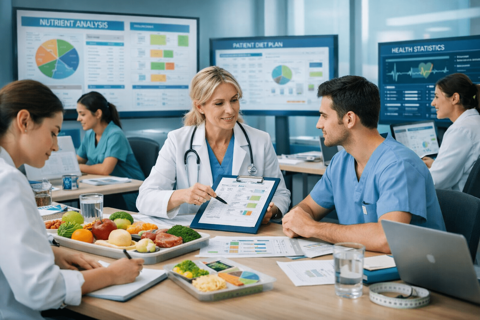 Students and professionals studying clinical nutrition and patient care in a dietitian diploma Level 3 training environment