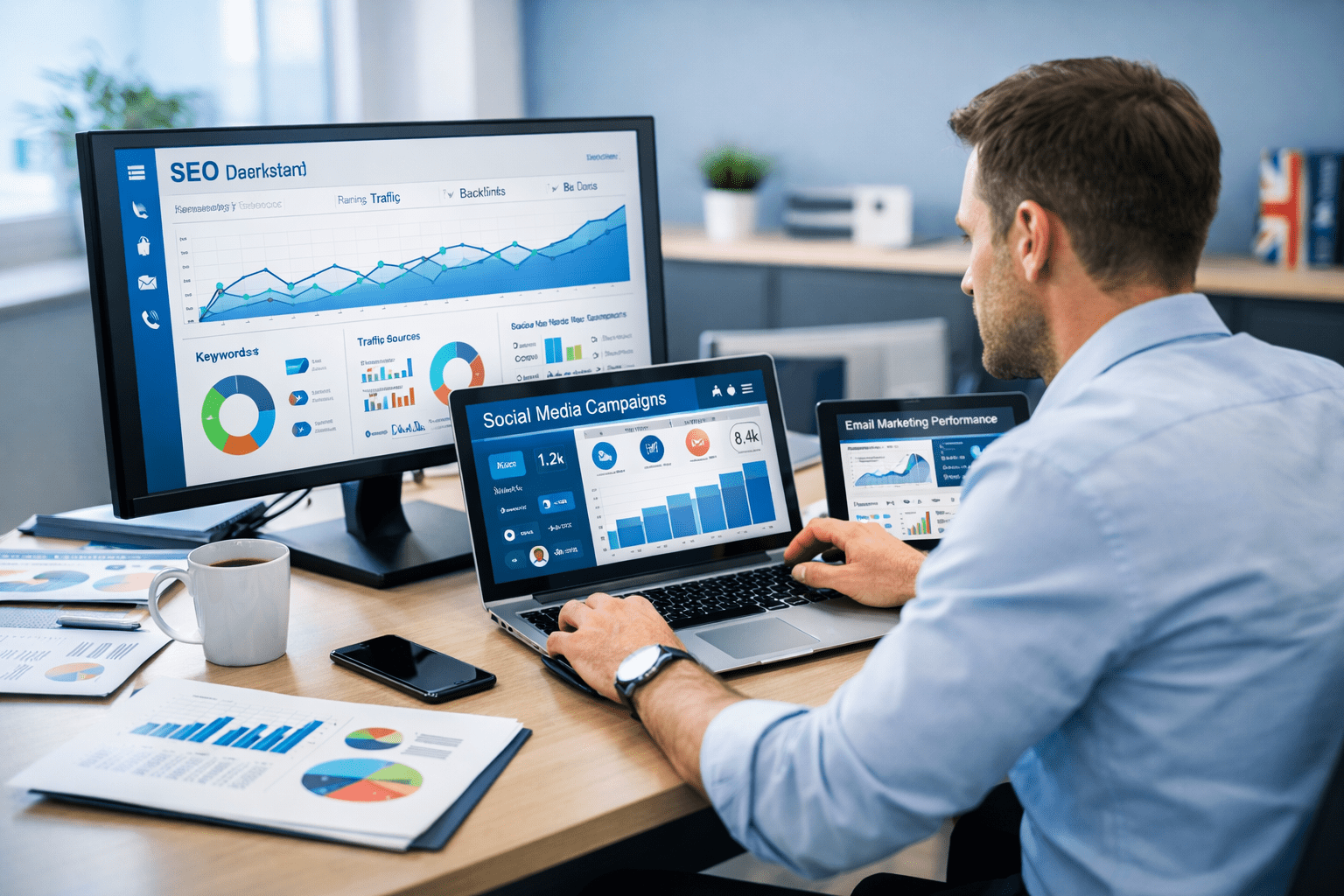 Digital marketing manager working on SEO, social media and campaign analytics on multiple screens