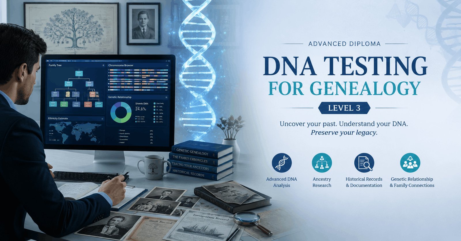 DNA Genealogy Course showing DNA strands, family tree charts, and ancestry research with genetic analysis tools.