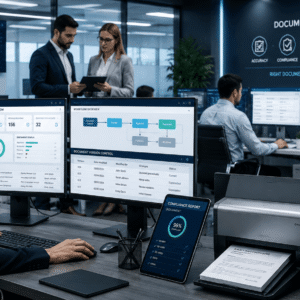 Professional office team managing digital files in a Document Control Course environment