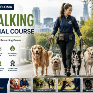 Professional dog walker handling multiple dogs during Dog Walking Diploma training