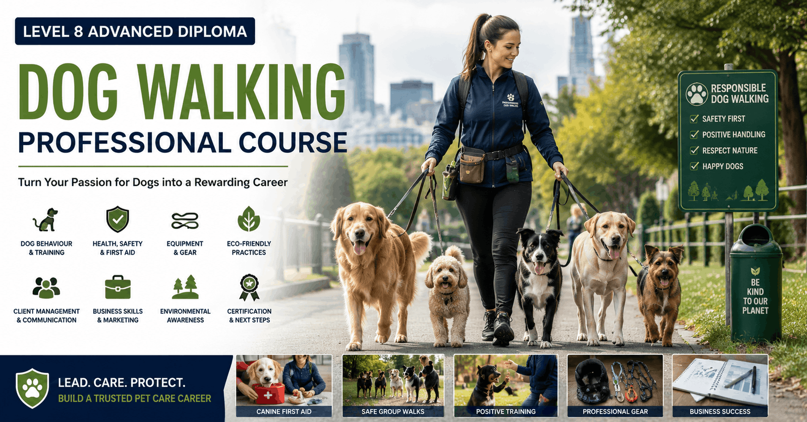 Professional dog walker handling multiple dogs during Dog Walking Diploma training