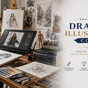 Drawing Illustration Course featuring an artist creating detailed sketches and digital illustrations in a modern art studio.